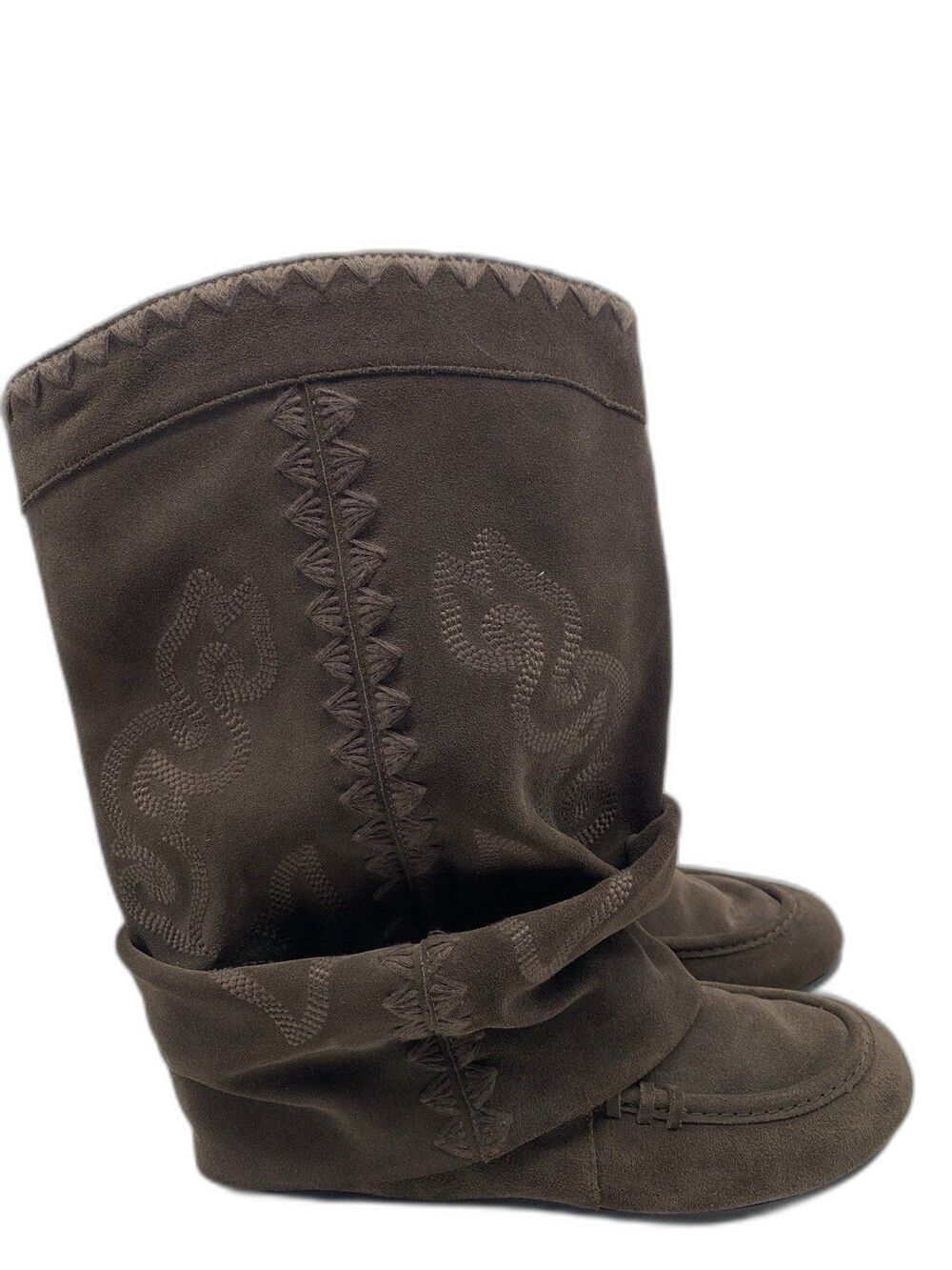 Zara Moccasin Slouchy Boots Brown Embroidered Women’s Size 39 US 8.5 Pull On